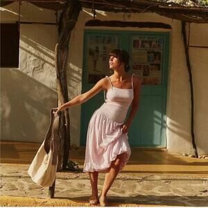 New FREE PEOPLE Beach Liza Drop-Waist Midi Dress MEDIUM Tuscany Ruched